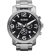 BUREI Men's Fashion Watch Analog Multi-Function Quartz Waterproof Watch Stainless Steel Strap
