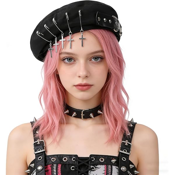 2824 Punk Chain Beret Hat With Heart Buckle And Metal Accents, Sweet Gothic Black Punk Style Beret with Metal Buckle main image 4