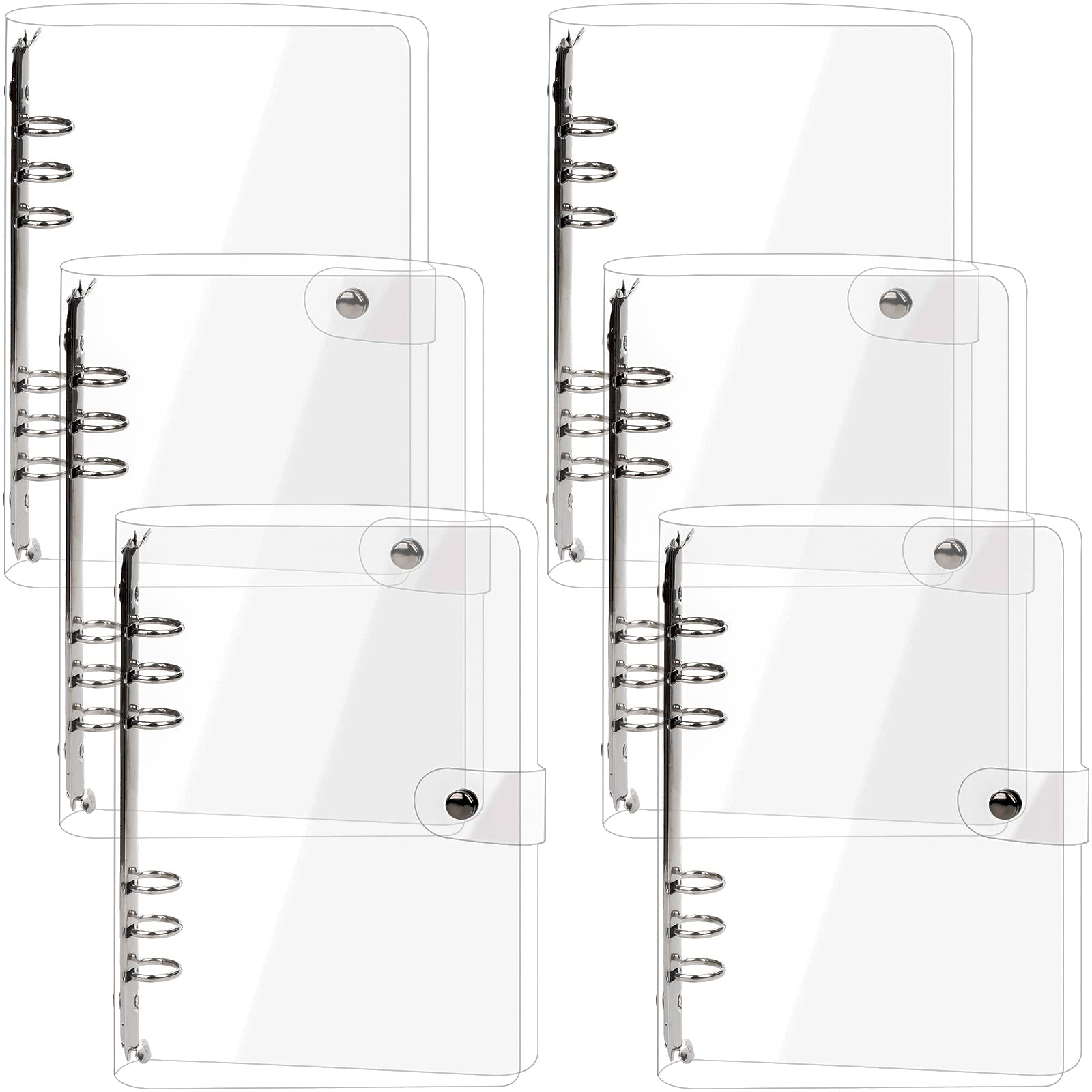 Elsjoy 6 Pack A5 Clear PVC Binder, 6-Ring Soft Notebook Binder Waterproof Transparent Loose Leaf Binding Covers, Refillable Notebook Round Ring Binder with Snap Button Closure, 9.3" x 7"