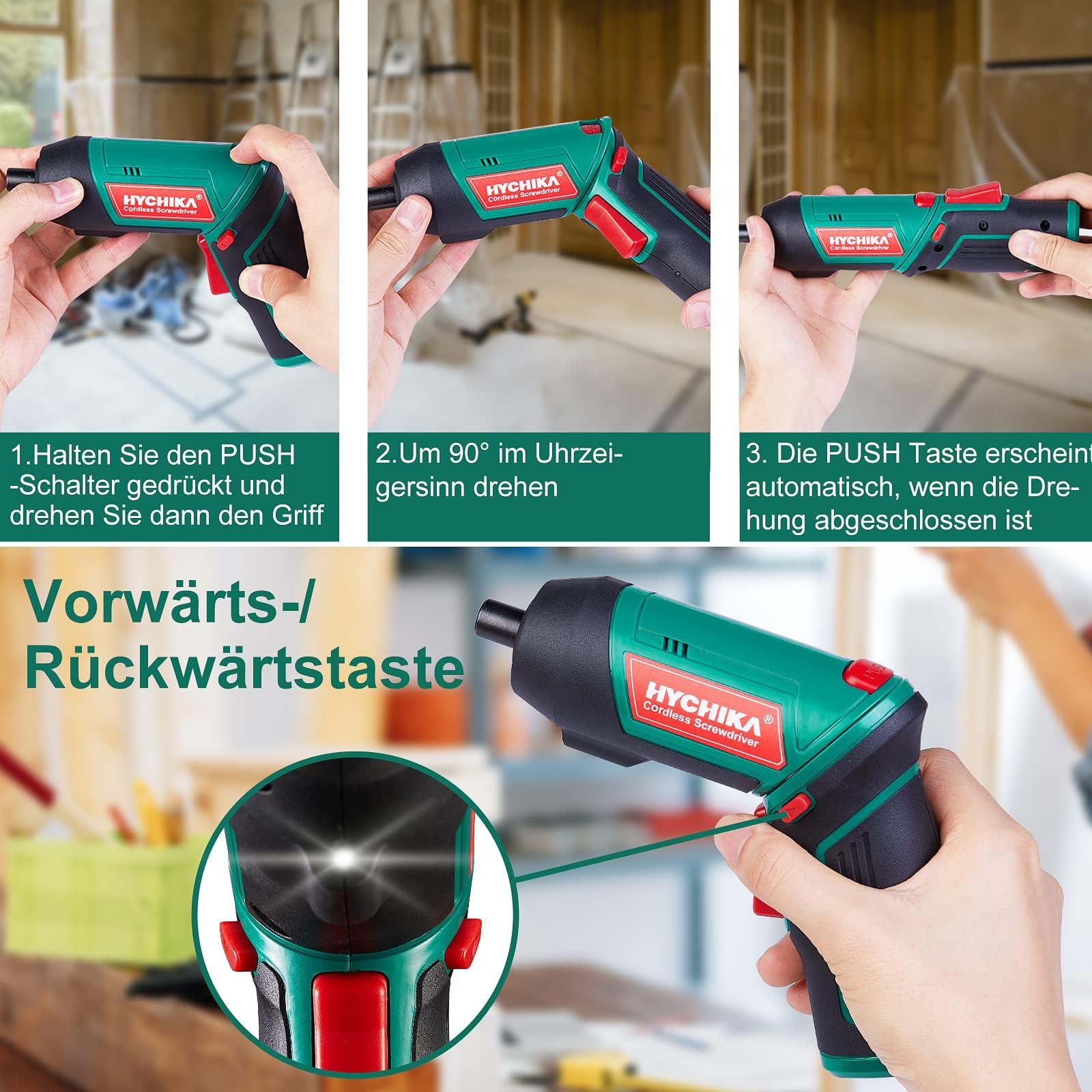HYCHIKA Akkuschrauber, Cordless Screwdriver 6N·m Drehmoment und 2000mAh Akku 3,6V mit 20 Zubehörteilen, LED Licht, Magnetfutter für Schrauben 5