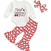 MoZiKQin My First Valentines Day Baby Girl Outfit Love Heart Ribbed Romper Bell Bottoms Pants Headband Cute Clothes