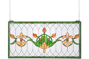 VEVOR Stained Glass Window Panel, 32 x 17 in, Tiffany Style Hanging Transom Window Panel with Chain, Large Horizontal Rectangle Stain Glass, Vintage Traditional Art Handcrafts for Kitchen Home Decor