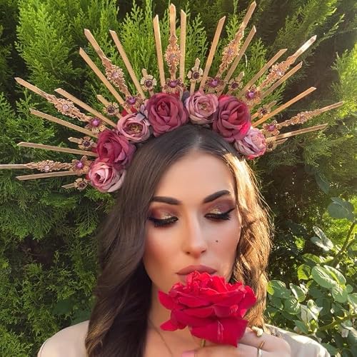 Handmade Flower Halo Crown Headpiece with Crystal Spikes for Renaissance COSUCOS Fantasy Flower Halo Crown - Handmade Fairy Blue  main image 4