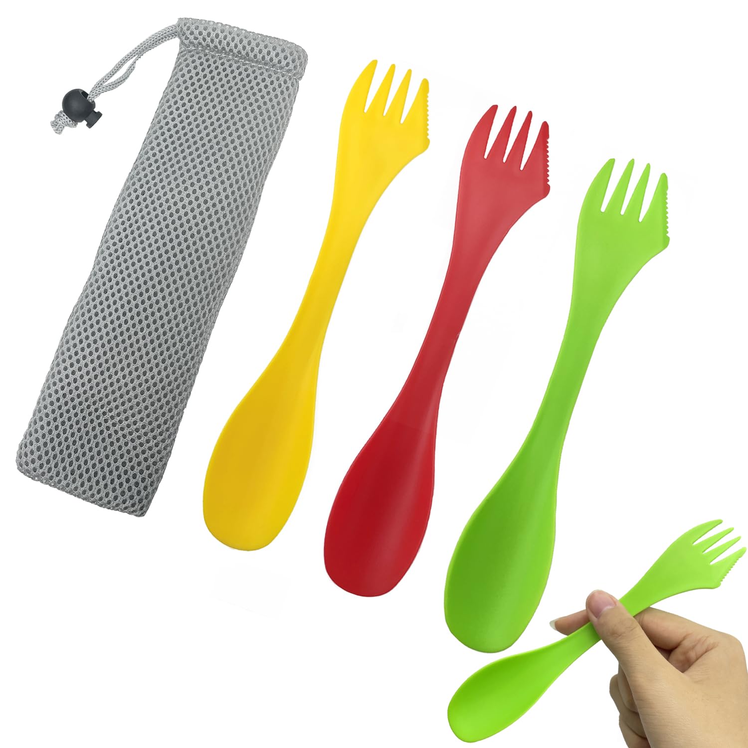 Plastic Spork 3-in-1 Camping Cutlery Set - Portable Spoon Fork with Carry Pouch for Outdoor, Camping, Hiking, Travel (3 Pack, Multiple Colors)
