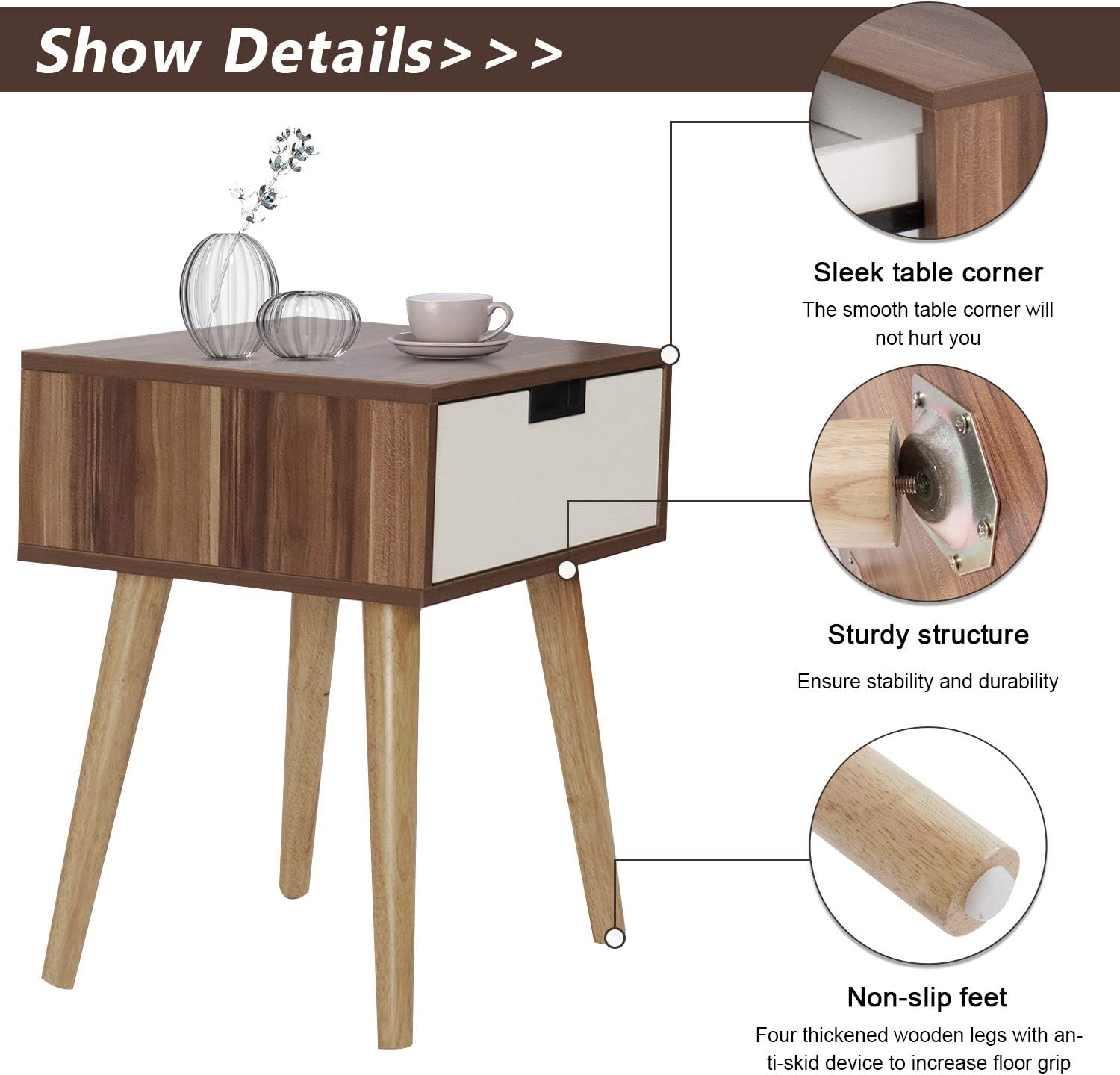MOOSENG Wood Nightstand End Side Drawer and Open Shelf Accent Table Modern Furniture in Bedroom Home, Brown: Furniture & Decor