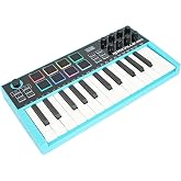 Rockville M25 Blue 25 Key USB Wireless Bluetooth MIDI Keyboard Controller | 8 RGB Drum Pads, 8 Rotary Knobs, Arpeggiator, Joystick, OLED Display, 7-8 Hour Battery, USB-C, Sustain Pedal Input