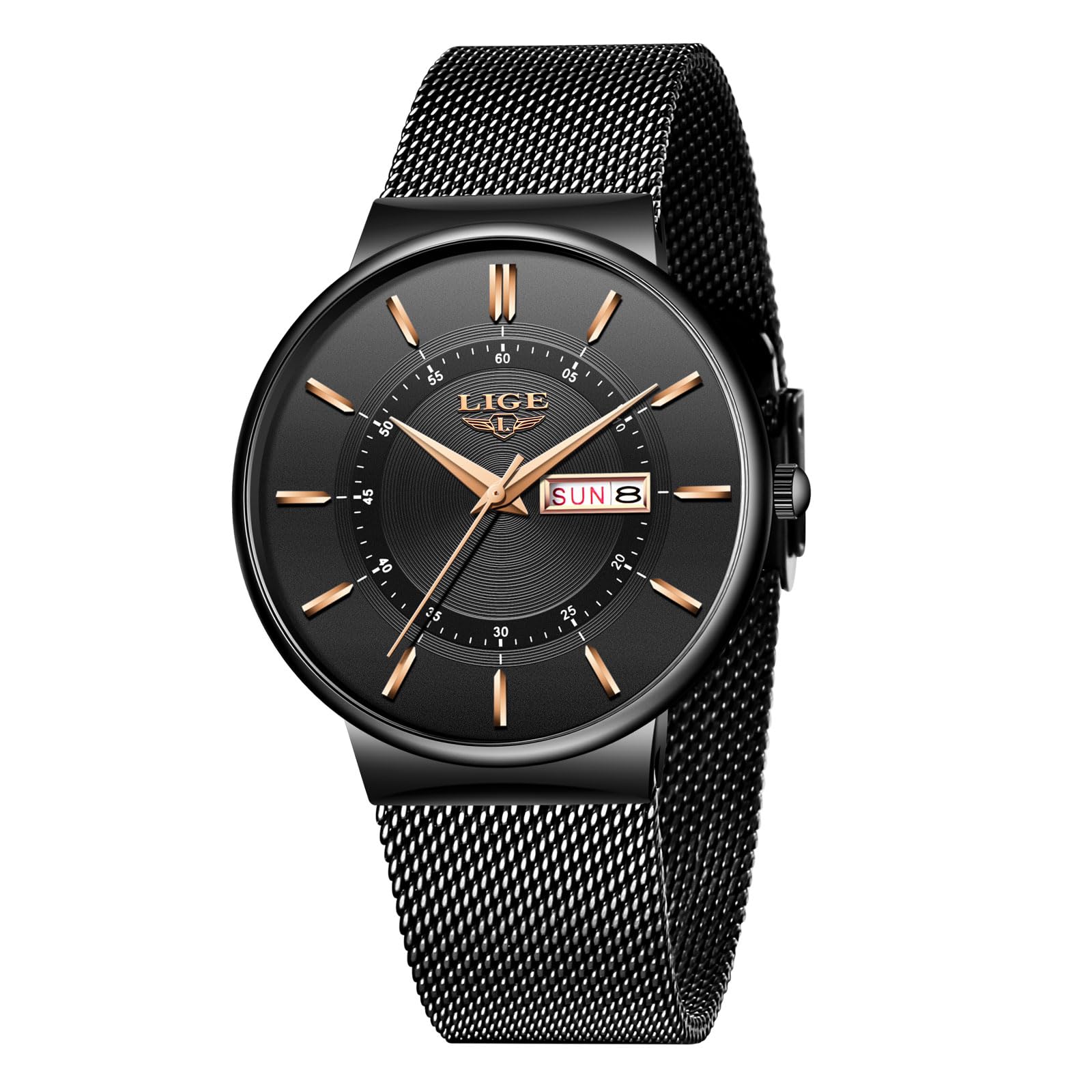 LIGE Mens Watches Wrist Watch for Men Analogue Gents Chronograph Waterproof Gents Vintage 3ATM Water Resistant Business Slim Classic Analog Thin Stainless Steel Band Quartz with Date,Gold Black