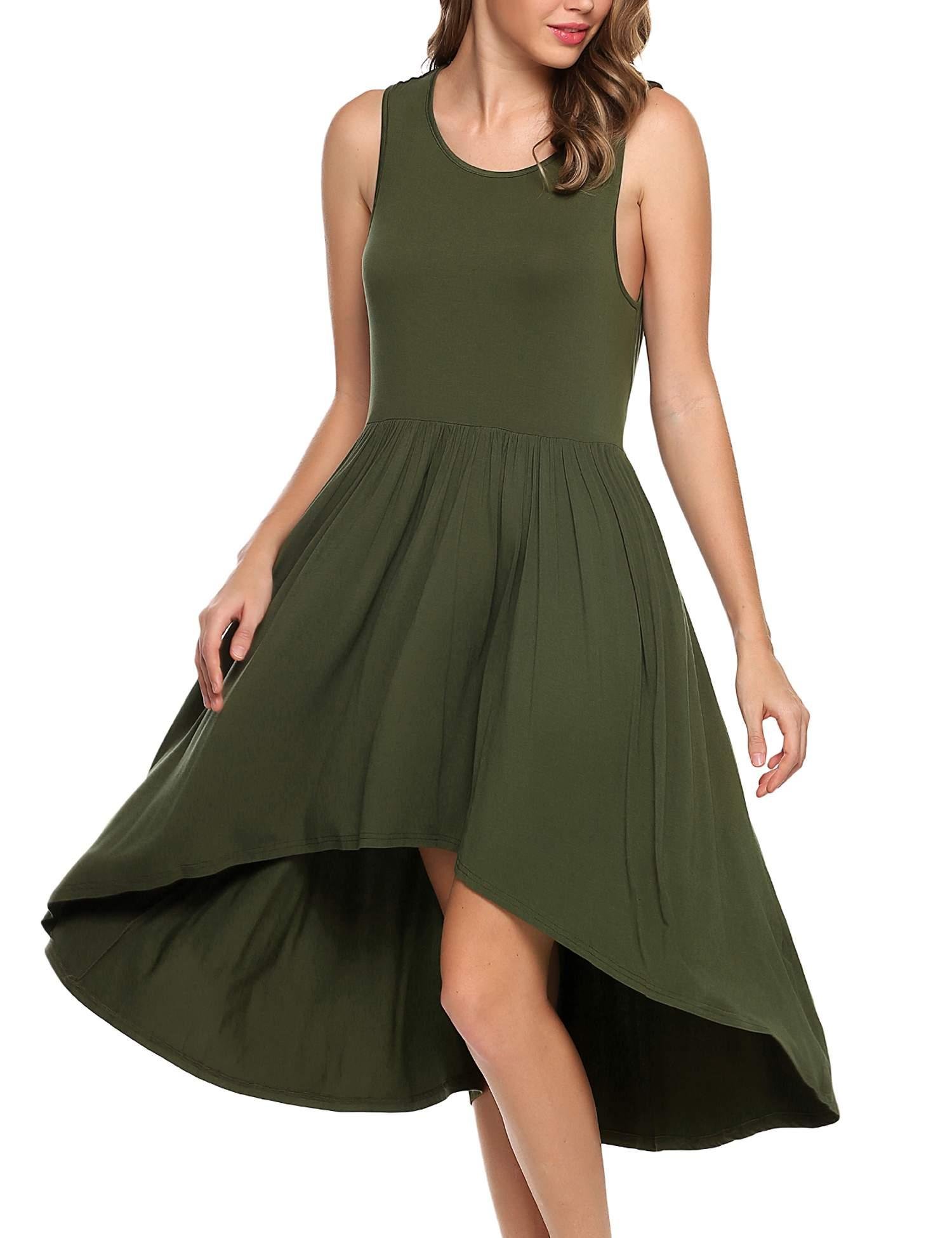 Zeagoo Women Sleeveless High Waist Pleats Detail Solid High-Low Loose Casual Dress
