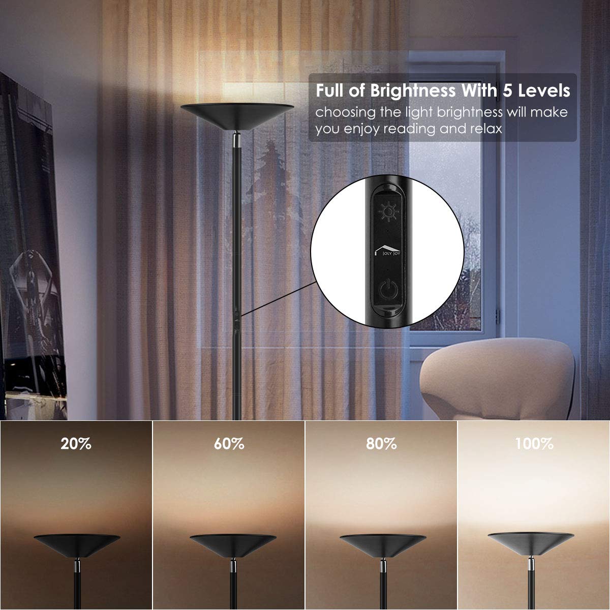 Floor Lamp, LED Torchiere Super Bright Floor Lamps, Dimmable 20W LED Floor Light with Touch Control and Wall Switch, Standing Lamp with Stepless Dimmer for Living Room and Bedroom. 90° Adjustable Top.