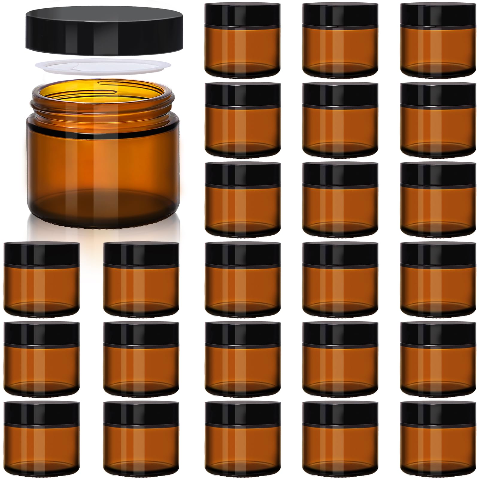 Photo 1 of UPBUD Amber 2oz Glass Jars with Lids - 24 Pack Leakproof Small Cosmetic Containers with Inner Liners, Wide-Round Smooth Mouth, Sealable for Creams, Lotions, Essential Oils, Body Butter, Travel Samples