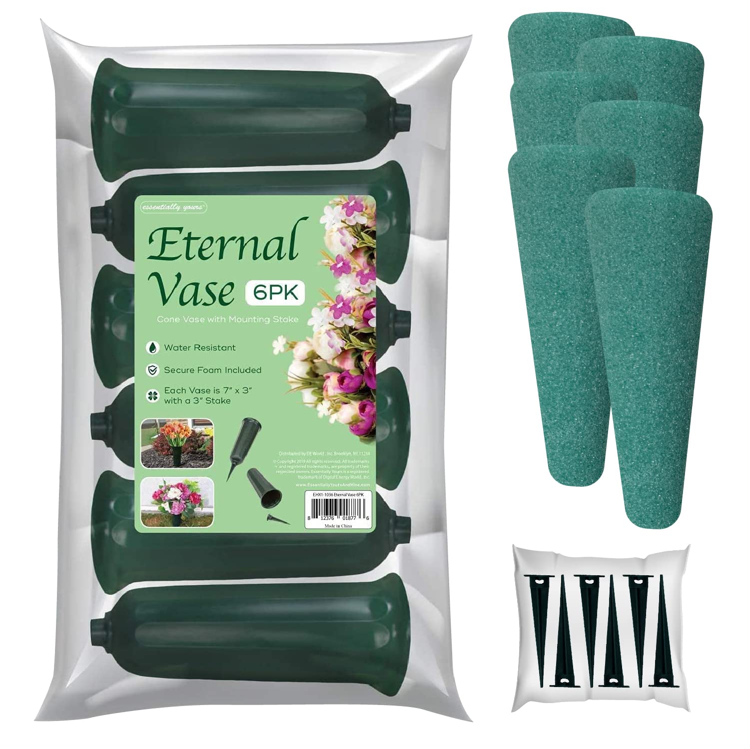 Photo 1 of Essentially Yours Memorial Floral Vases with Foam Included - (Green, 6 Pack) | Outdoor In Ground Vases with Stakes, for Fresh and Artificial Flowers