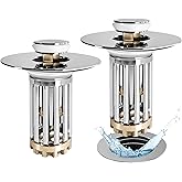 Anlige Bathroom Sink Drain Strainer, 2PCS 3 in 1 Pop Up Bathroom Sink Stopper with Removable Brass Basket Hair Catcher, Unive