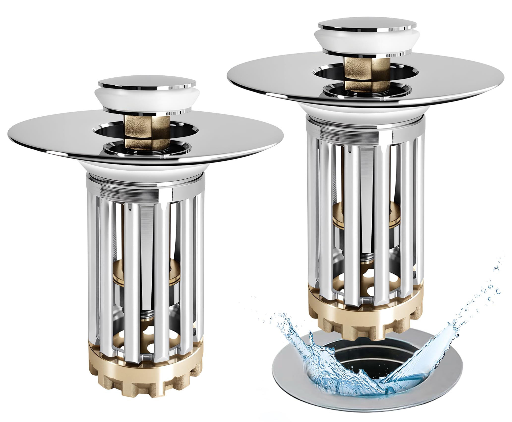 Photo 1 of Anlige Bathroom Sink Drain Strainer, 2PCS 3 in 1 Pop Up Bathroom Sink Stopper with Removable Brass Basket Hair Catcher, Universal Sink Plug for 1.06 to 1.6in Drain Hole, Chrome Silver