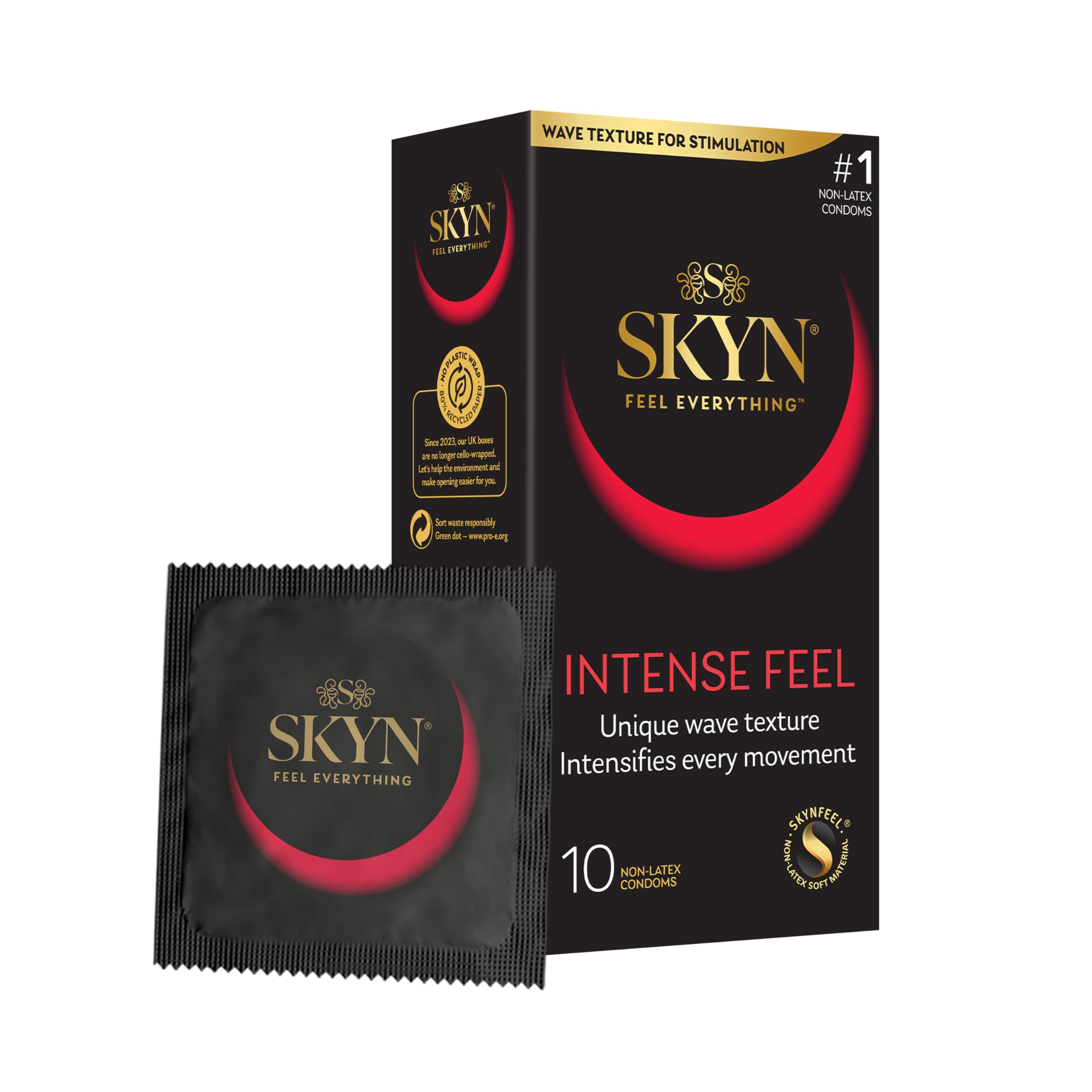 SKYN Intense Feel Condoms Pack of 10 SKYNFEEL Latex Free Condoms for Men, Regular Size, Thin, Ribbed and Dotted Straight Shape, Lubricated, 53mm Wide
