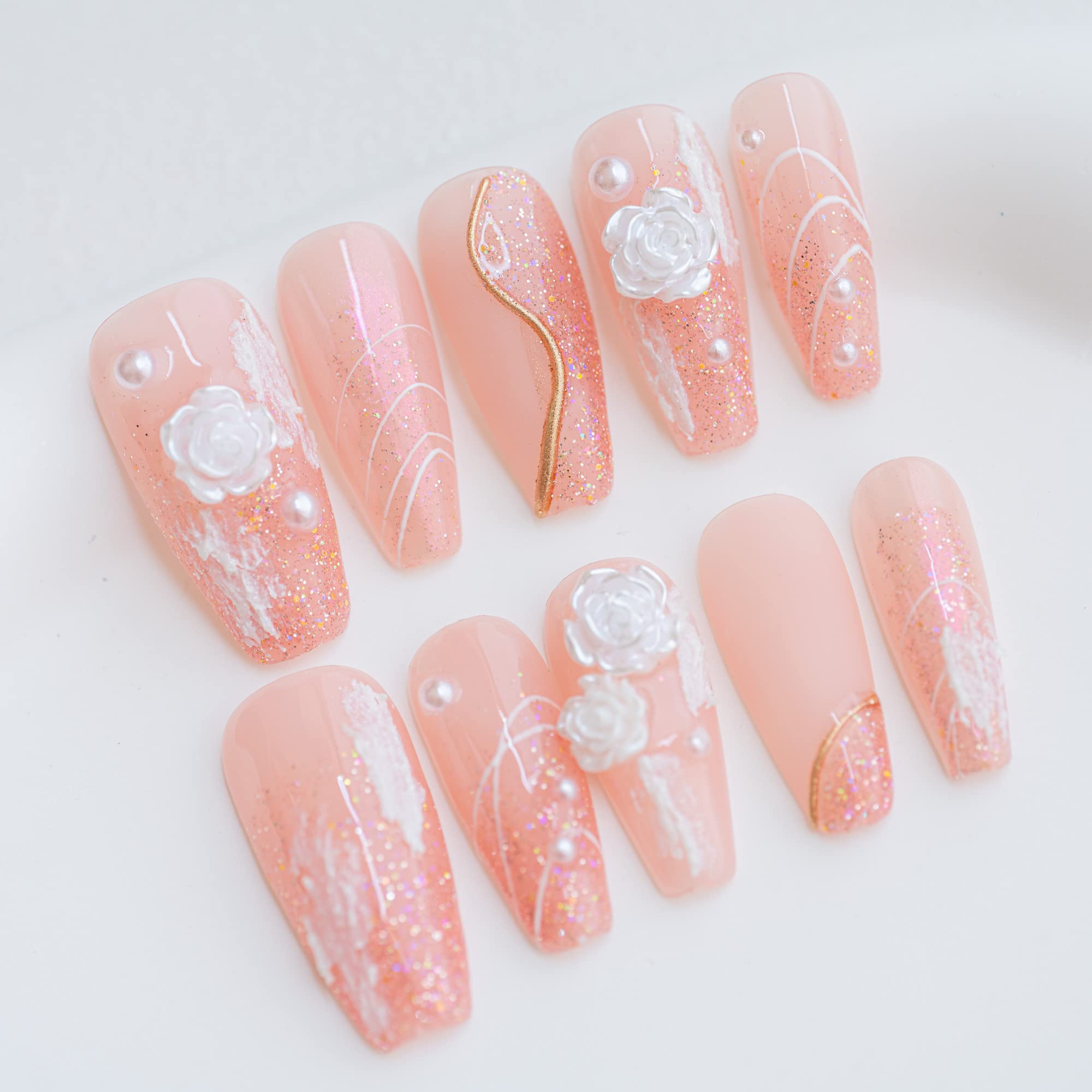 Sun&Beam Nails Handmade Press On Nails Long Coffin Peach Pink Glitter with White Roses and Pearls 10 Pieces for Everyday Wear and Special Occasions (#002 XS)