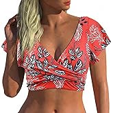 Hilor Women's Underwire Bikini Tops Short Sleeve Tankini Bathing Suits Front Twist Push Up Swimsuit Top Only