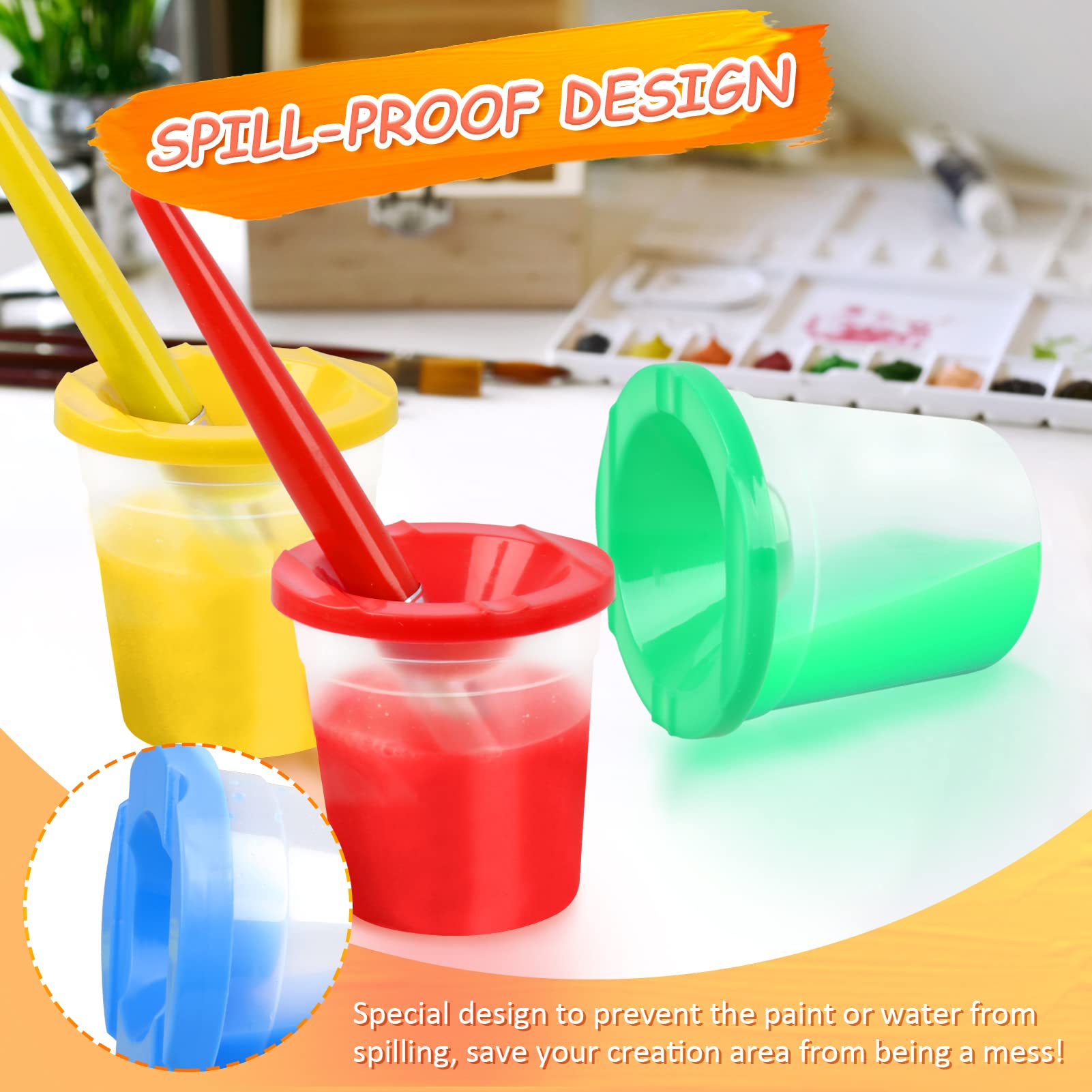 RNKP 4 Piece Children's No Spill Paint Cups with Colored Lids and 4 Piece Large Round Brush Set with Plastic Handles