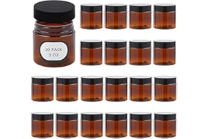 QEIRUDU 20 Pack 2 oz Amber Plastic Jars with Lids and Labels, Empty Salve Containers Refillable Cosmetic Jars for Creams, Lotion, Body Scrubs