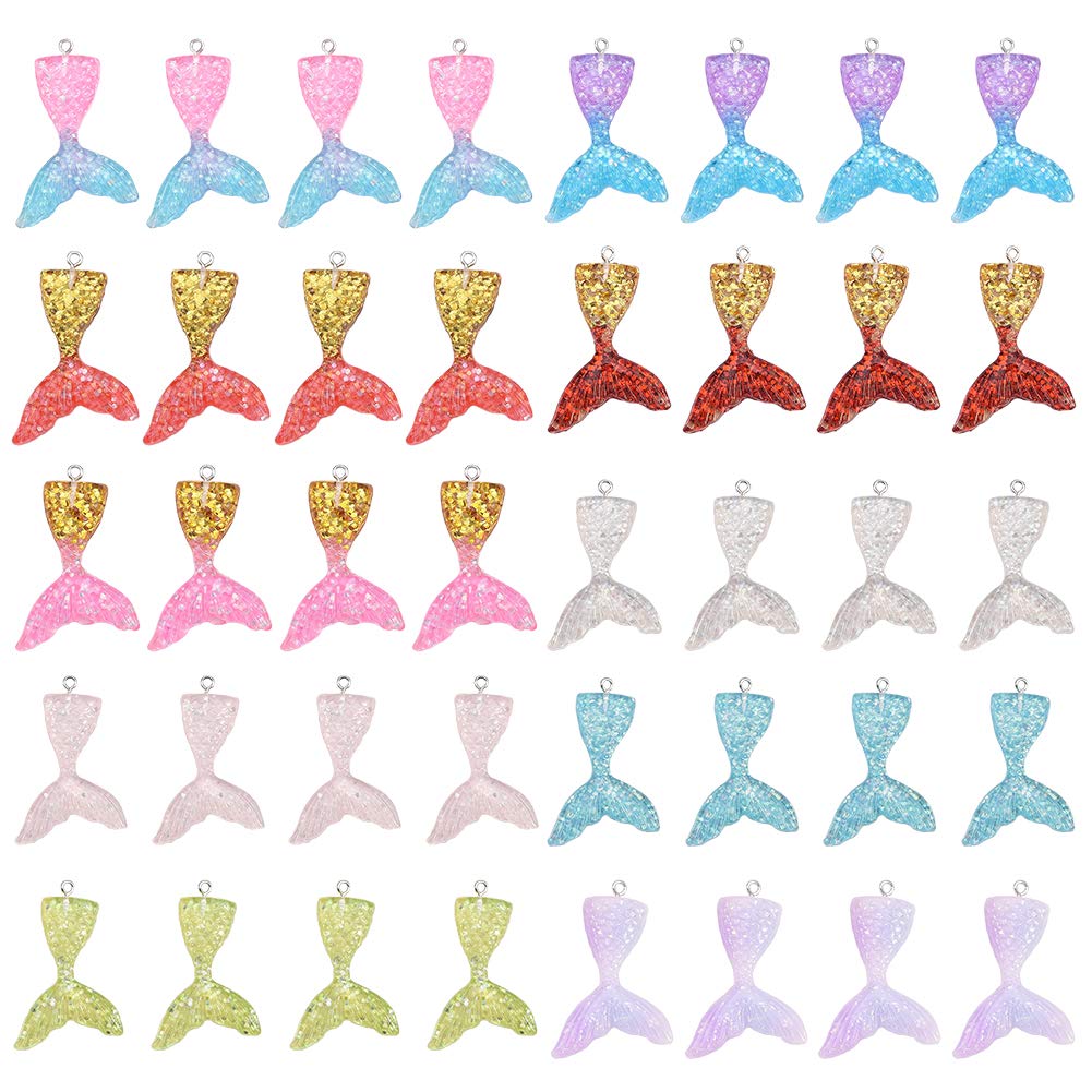 SUNNYCLUE 40Pcs 10 Color Resin Mermaid Tail Charms Flatback Pendants with Hole 2mm for DIY Jewelry Making Earring Bracelets Necklace Ornament Scrapbook DIY Crafts