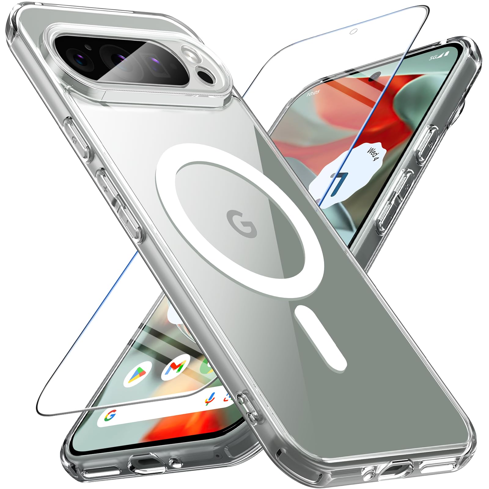 Case for Google Pixel 9 Pro XL Magnetic with Tempered Glass Screen Protector, Shockproof Military-Grade Protection Translucent Matte Back Cover Phone Case(Clear)