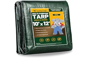 SUNLITAP 10x12Ft Tarp Cover 5 MIL Waterproof Poly Tarps, Light Duty Tarpaulin with Grommets, Reinforced Edges, Rip & Tear Proof, Multipurpose Finished Size Tarp for Cars, Boat, Roof, Camping - Green