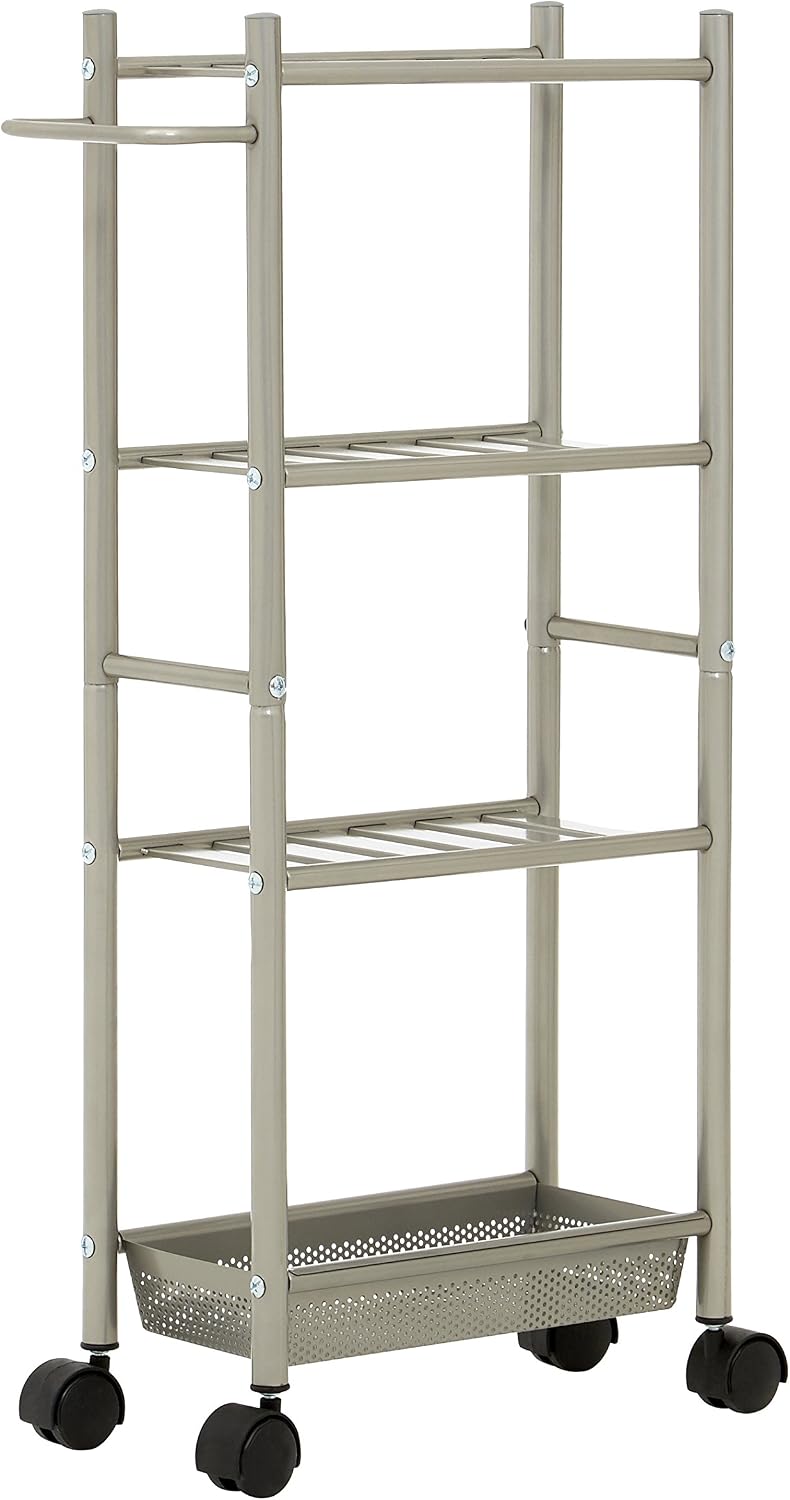 Premier 4 Tier Trolley, With Basket, Brush Nickel, Silver, H75 x W39 x D16cm