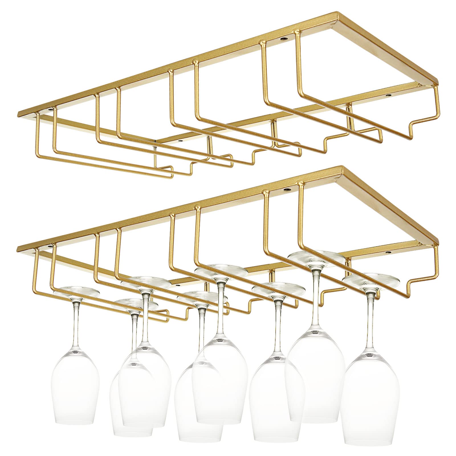 JMIATRY 2 Pack Wine Glass Rack, 16.5" x 9.4" x 3.1" Under Cabinet Stemware Wine Rack, 4 Slots 12 Cups Hanging Wines Glass Holder Great for Kitchen and Bar, Gold