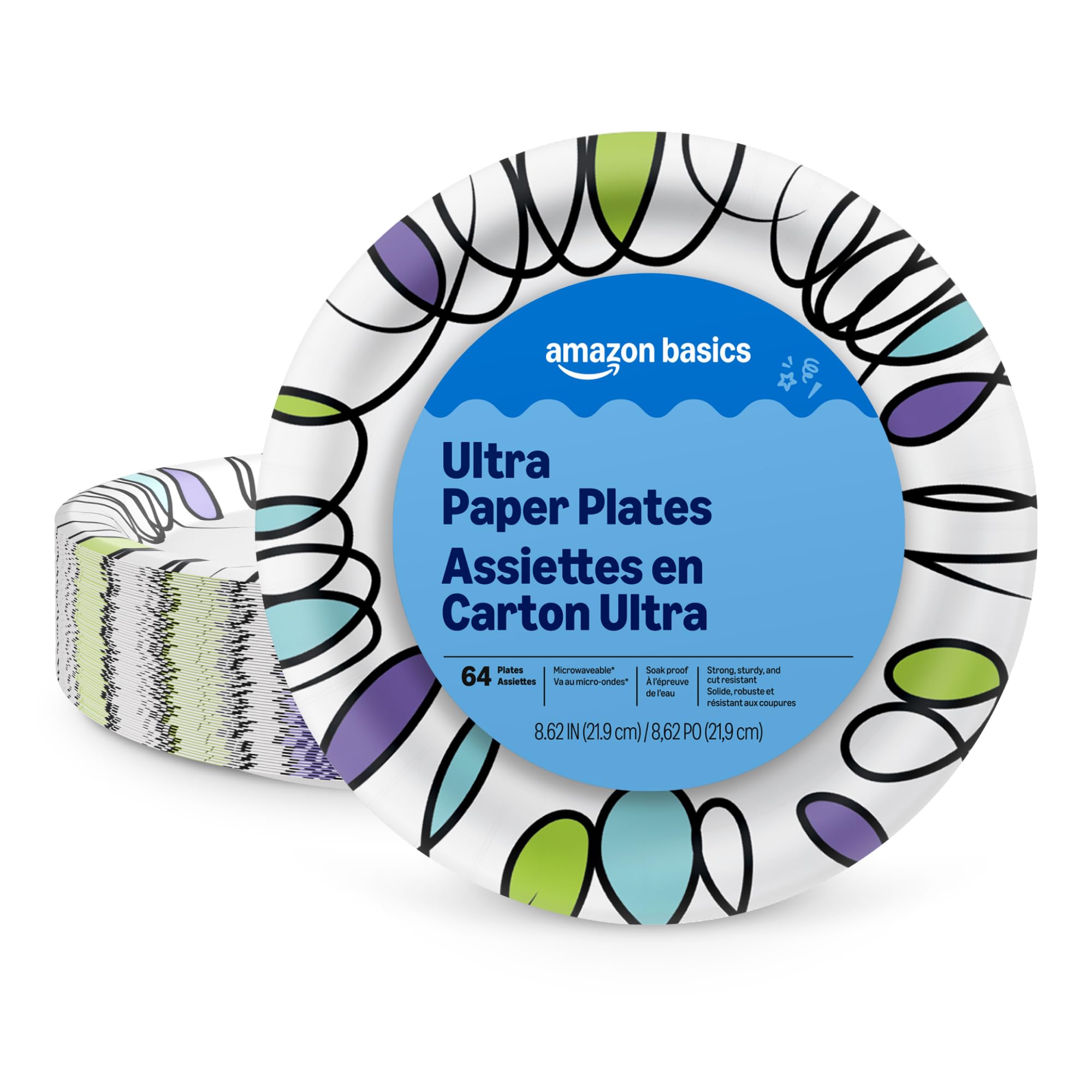 Amazon Basics Ultra Paper Plates, 8.62 Inch, Disposable, 64 Count, Packaging May Vary
