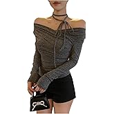 GORGLITTER Women's Wrap Tops Sexy Off The Shoulder Fitted Tie Neck Long Sleeve Trendy Tee Shirt Going Out Outfits