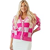 Wolddress Women's Sweater Pink Checkered Drop Shoulder Buttoned V Neck Long Sleeve Casual Plaid Cardigan