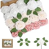 WANTMAZOR 100PCS Artificial Flowers Champagne/Pink/White Roses Real Looking Foam Fake Roses with Leaves and for DIY Wedding Bouquets Bridal Shower Centerpieces Party Decorations