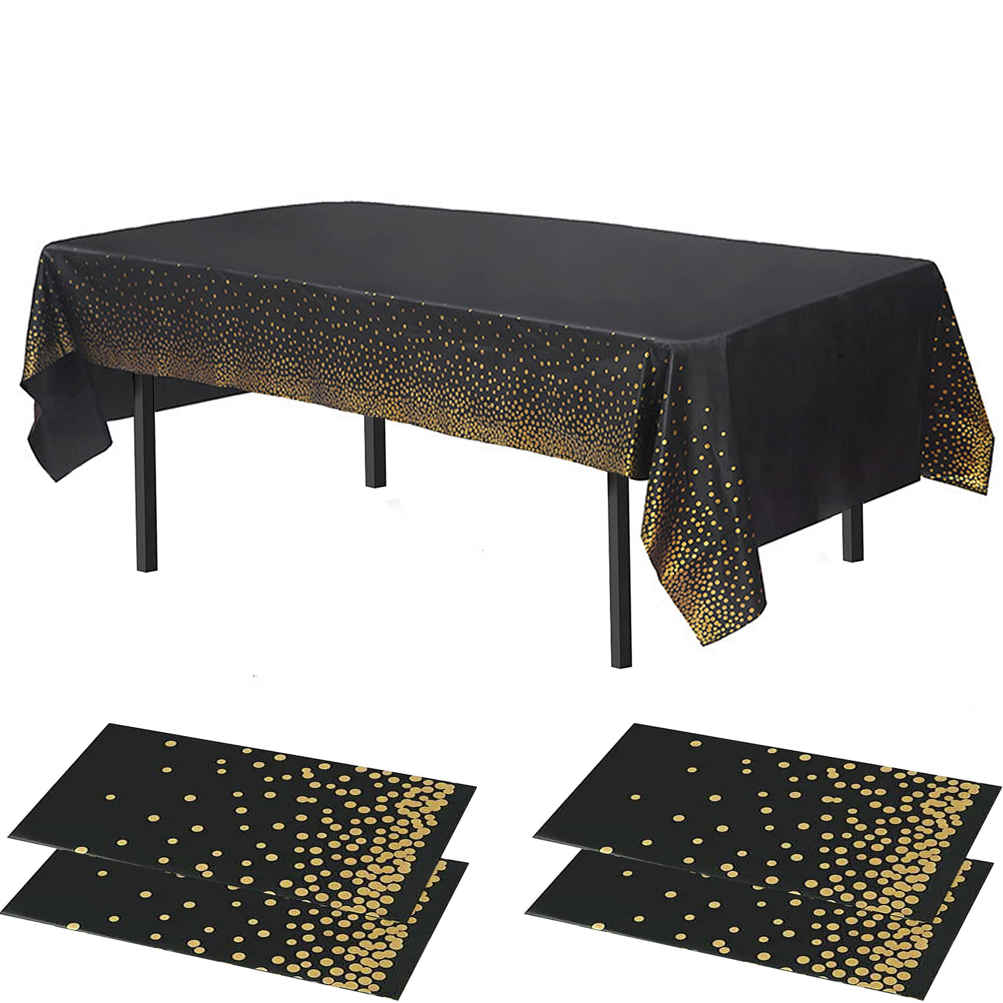 Time to Sparkle 4 Pack Plastic Tablecloths 54" x 108" Plastic Dining Table Cloth Premium Rectangle Table Cover for Parties Wedding Banquet etc Indoor Or Outdoor(Black Gold)