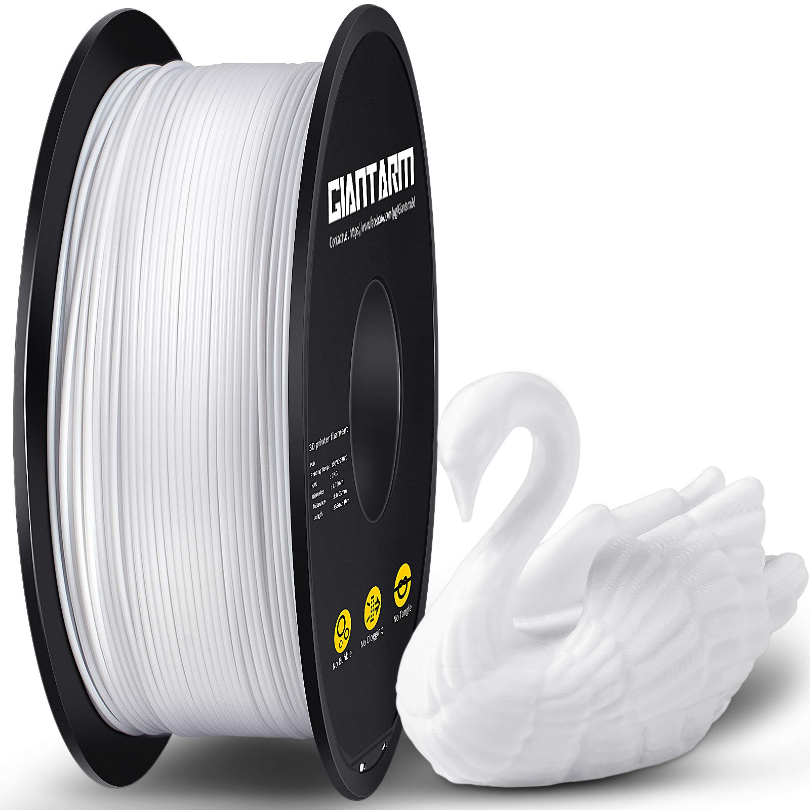 PLA Filament 1.75mm, GIANTARM New PLA 3D Printer Filament 1kg Spool (White)
