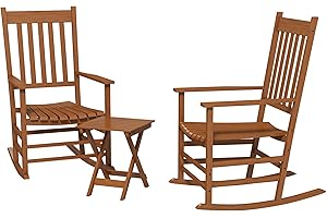 Outsunny Wooden Rocking Chair Set w/Foldable Side Table, Outdoor Rocker Chairs with Curved Armrests, High Back & Slatted Seat for Garden, Balcony, Porch, Supports Up to 352 lbs., Teak