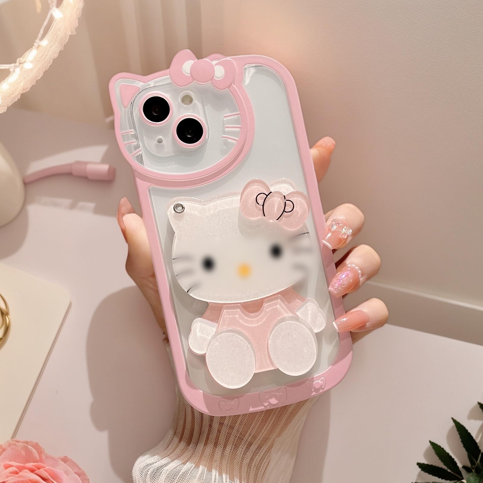 Olntun for iPhone 12 Pro Max Cute Cartoon Case,Women Girls Kids 3D Bow Kawaii Pink Cat Face Makeup Mirror Soft TPU Clear Protective Phone Cover for iPhone 12 Pro Max 6.7inch