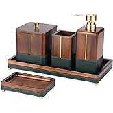 MIHIRO 5 Piece Acacia Wood Bathroom Accessory Set with Tray Wooden Soap Dispenser Toothbrush Holder Cotton Swab Jar Soap Dish for Vanity Countertop, Retro Leather Copper Accent Walnut Brown(Chestnut)