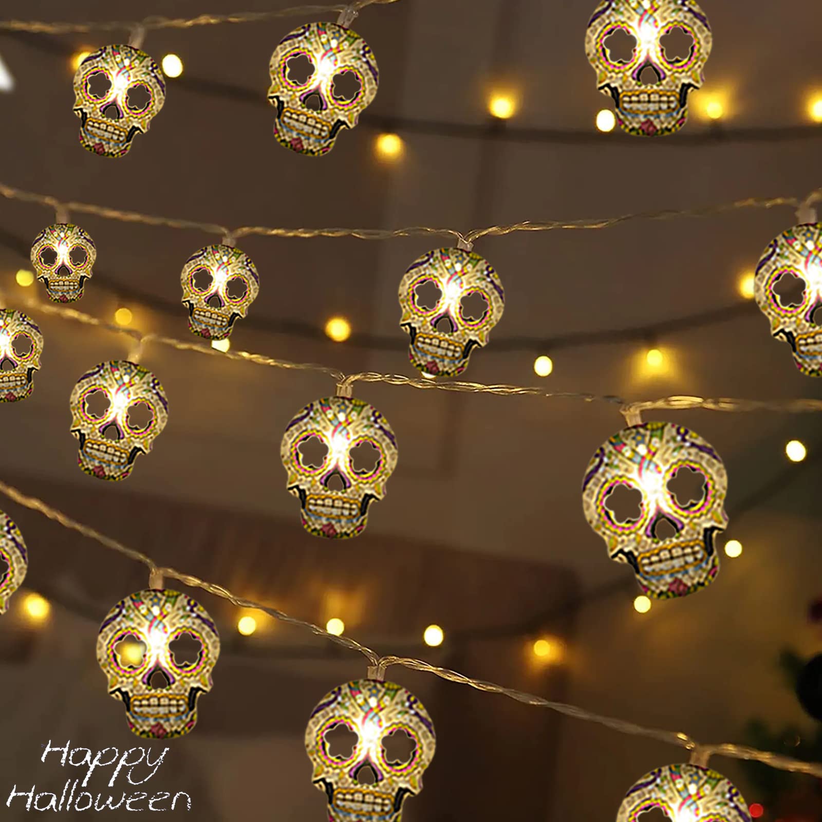 Photo 1 of Gooyule Halloween String Lights, Skull String Lights 15Ft 30 LED Skull Lights Halloween Fall Decor Light Battery/USB Powered Optional 2 Modes Cute Lights 2025 Indoor Outdoor Decor for Home Yard Patio
