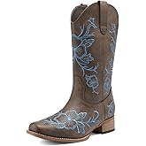 DREAM PAIRS Women's Western Cowboy Boots Square Toe Embroidered Mid Calf Boots Western Chunky Low Heel for Country Music Festivals Theme Party and Concert