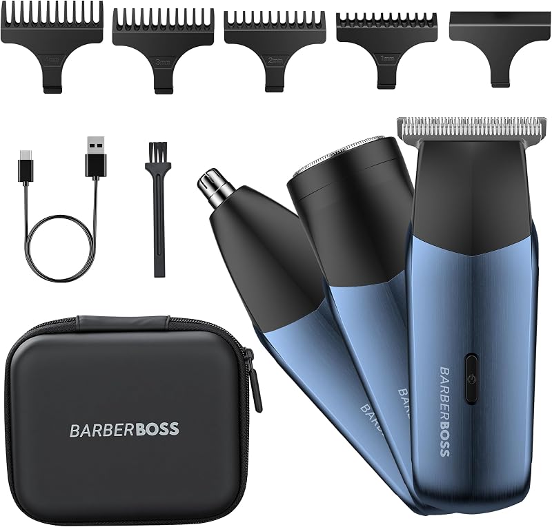 Rasoio elettrico da uomo 3 in 1, kit da viaggio per uomo, rasoio per barba e capelli, trimmer naso e orecchie, mini testina di rasoio, toelettatura maschile (Blu Navy Metallizzato)