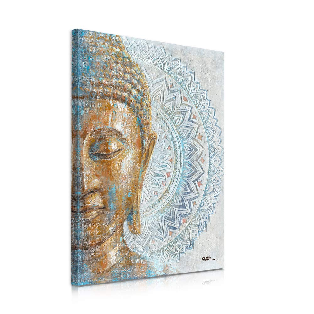 B BLINGBLING Gold Buddha Canvas Wall Art: 3D Mandala Flower Blossom Buddha Painting Zen Print Picture on Blue for Yoga Meditation Room Bedroom Framed and Ready to Hang 30x40cm
