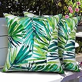 Magpie Fabrics Patio Pillow with Insert 18"x18", Set of 2, Fade-Resistant Outdoor Indoor Cushion Decorative Throw Pillow Decoration for Couch Garden Furniture - Green Palm Leaves