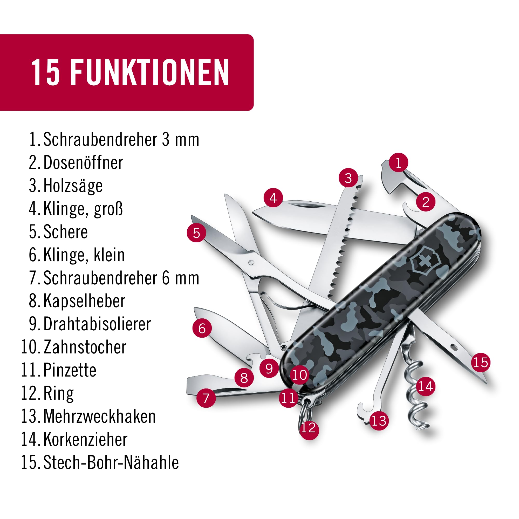 Victorinox Schweizer Taschenmesser Huntsman, Multitool, Swiss Army Knife mit 15 Funktionen, Klinge, Korkenzieher, Dosenöffner, Faltschachtel, Navy Camouflage 4
