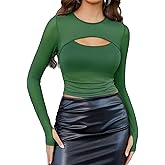 Avidlove Women's Sheer Mesh Long Sleeve Crop Top y2k Sexy Tee Blouse Cutout Clubwear with Thumb Holes