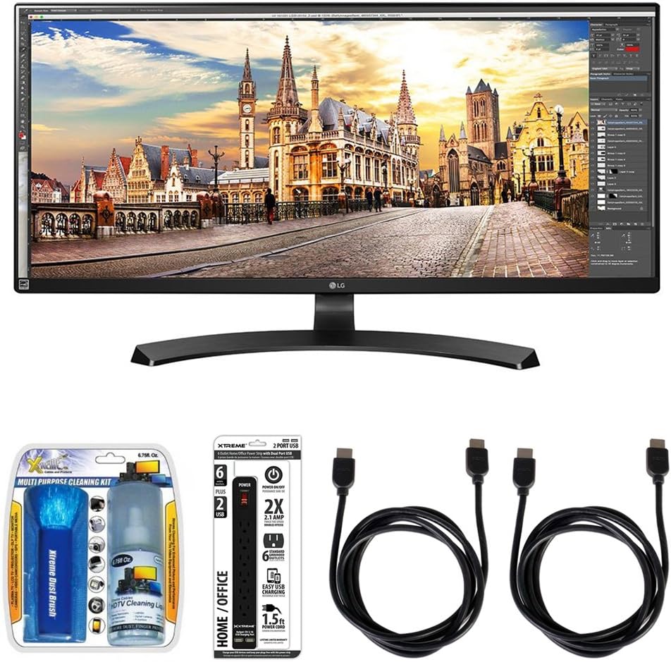 LG 34UM68 21:9 FHD IPS 34-inch Monitor Bundle with 6-Outlet Surge Adapter with Night Light, 2X HDMI Cable and Screen Cleaner (Large Bottle) for LED TVs