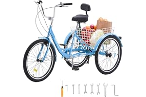 VEVOR Adult Tricycles Bike, 7 Speed Adult Trikes, 24 Inch Three-Wheeled Bicycles, Carbon Steel Cruiser Bike with Basket and A