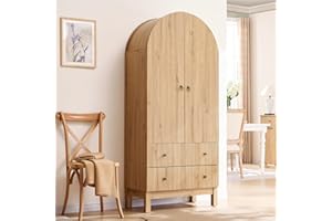 IFGET Fluted Arched Pantry Cabinet, 71" Tall Kitchen Storage Pantry Cabinet with Adjustable Shelves and 2 Large Drawers, Freestanding Morden Versatile Cupboard for Living Room, Bathroom, Natrual