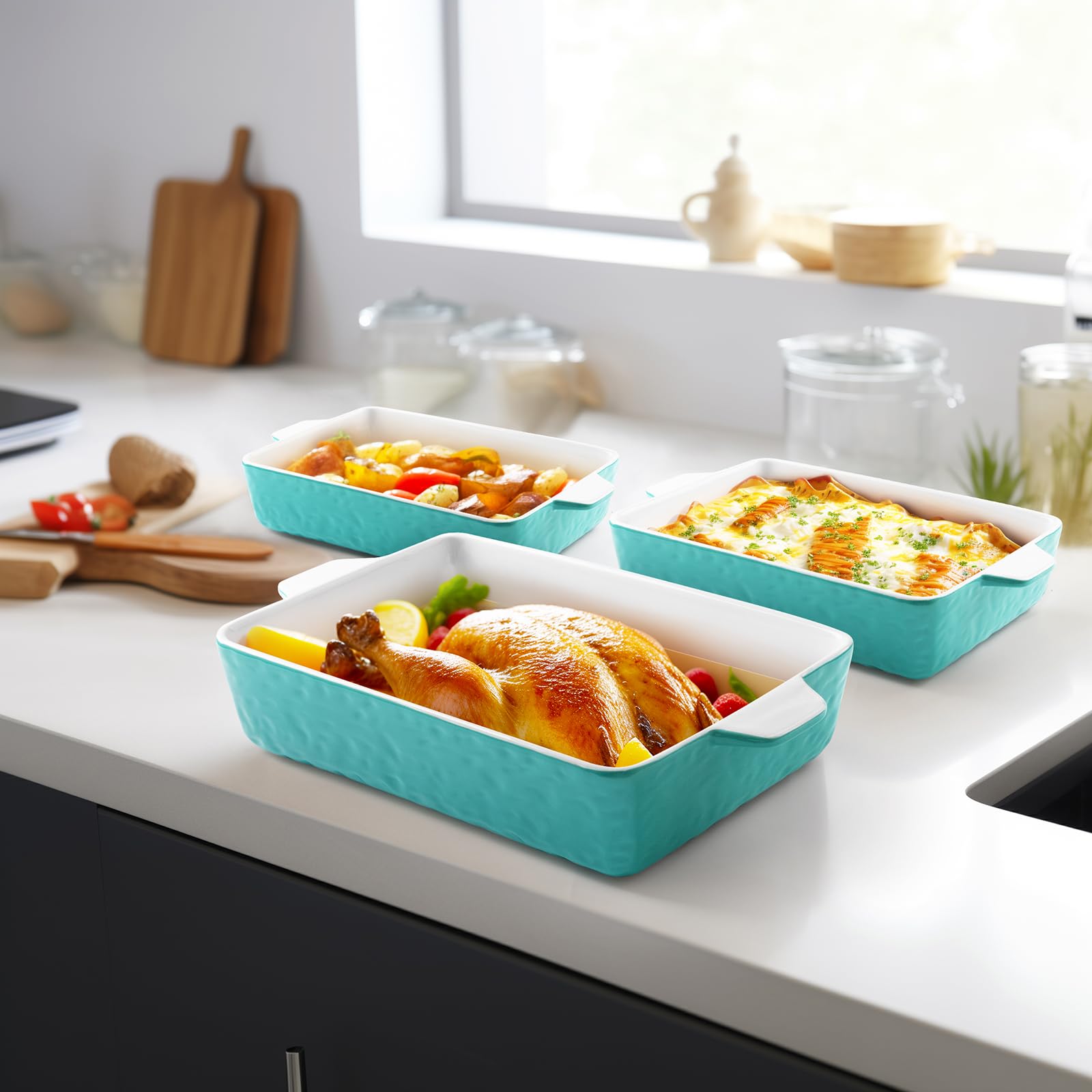 Krokori Casserole Dishes for Oven, Ceramic Baking Dishes, Lasagna Pan with Handles, Porcelain Baking Pan Deep, Bakeware for Baking, Cooking, Wedding Gift, Set of 3 (11.6