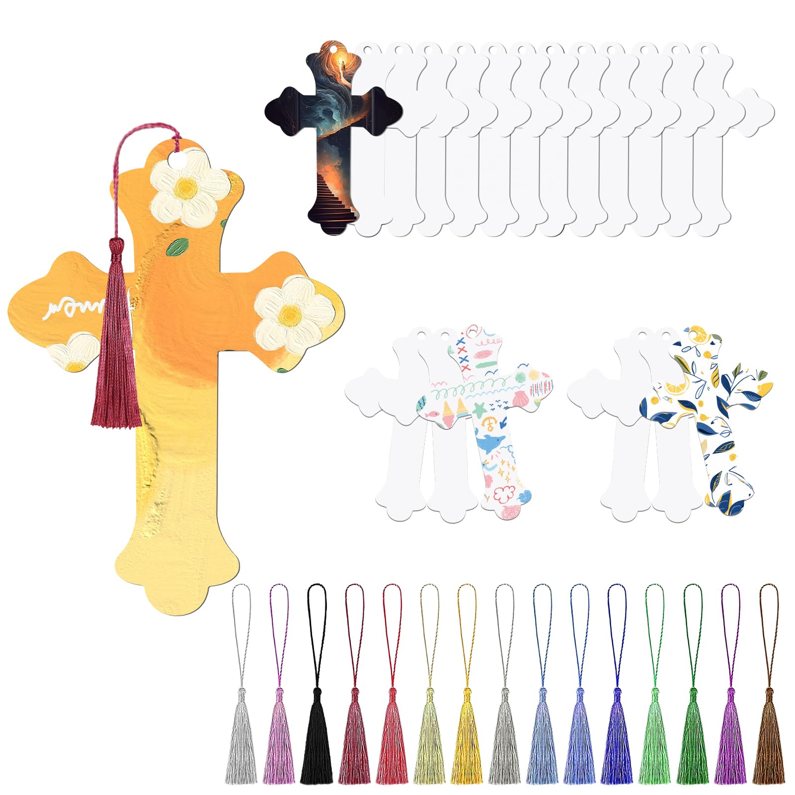 Photo 1 of 100 Pcs Sublimation Cross Bookmark Blank, Paper DIY Cross Bookmarks with Hole and Colorful Tassels for Crafts,Personalized Tassels Blank Bookmarks