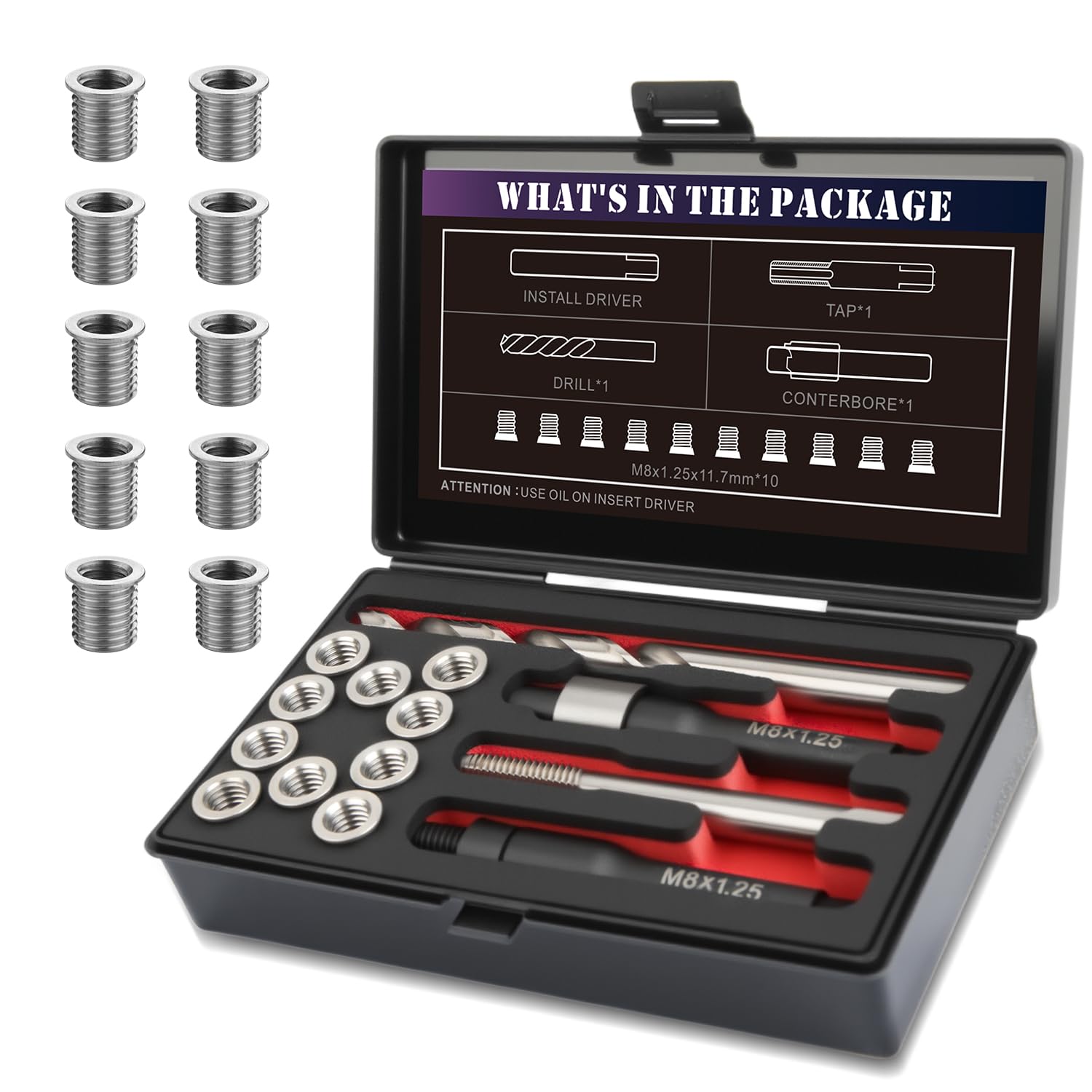Photo 1 of SENNMONN M8x1.25 Thread Repair Kit with 11.7mm Insert HSS Drill, Tap, Installation Driver,Stainless Steel Insert M8x1.25x11.7mmx10pcs