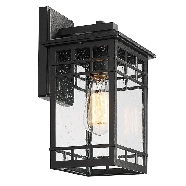 OUTDOOR WALL LANTERN, EXTERIOR WALL MOUNT LIGHT FIXTURE, BLACK OUTSIDE PORCH SCONCE LIGHTING WITH SEEDED GLASS, WATERPROOF OUTDOOR WALL LIGHT FOR PATIO FRONT DOOR ENTRYWAY